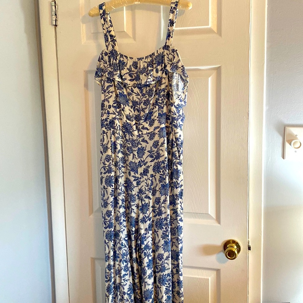 LOFT flared leg blue and white print jumper
